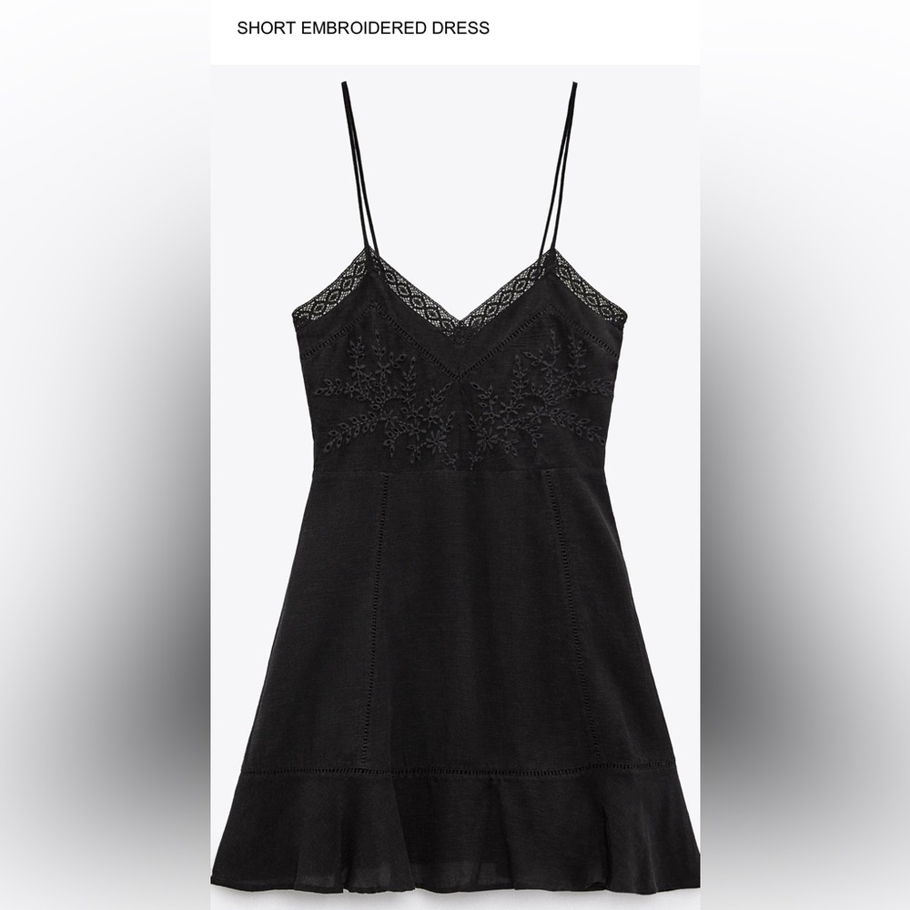 Zara linen blend Dress Black Embroidered black (xs)